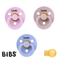 BIBS Colour Schnuller mit Namen, Gr. 2, Violet Sky, Dusky Lilac, Hush, Rund Latex, (3er Pack)